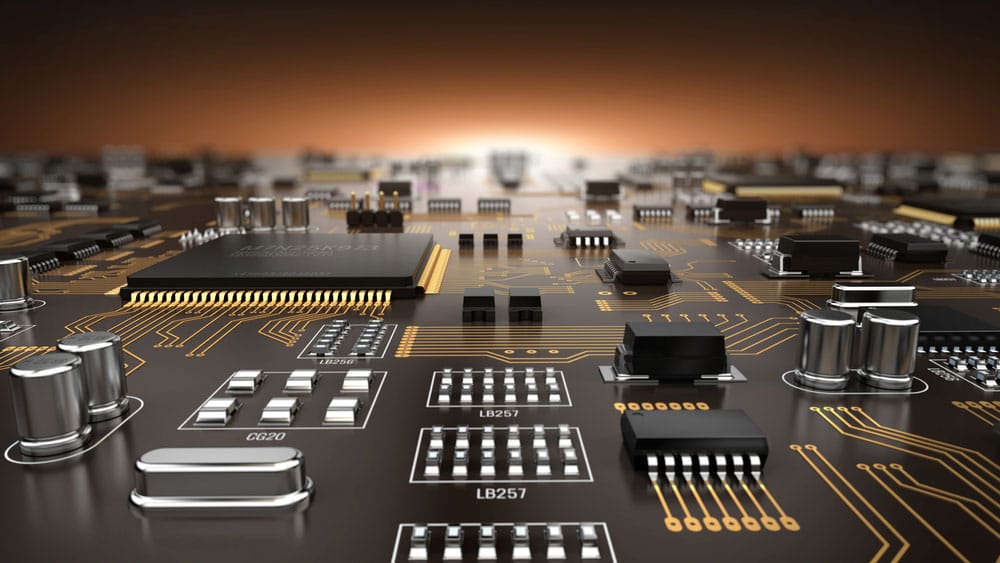 High tech electronic PCB (Printed circuit board) with processor and microchips.