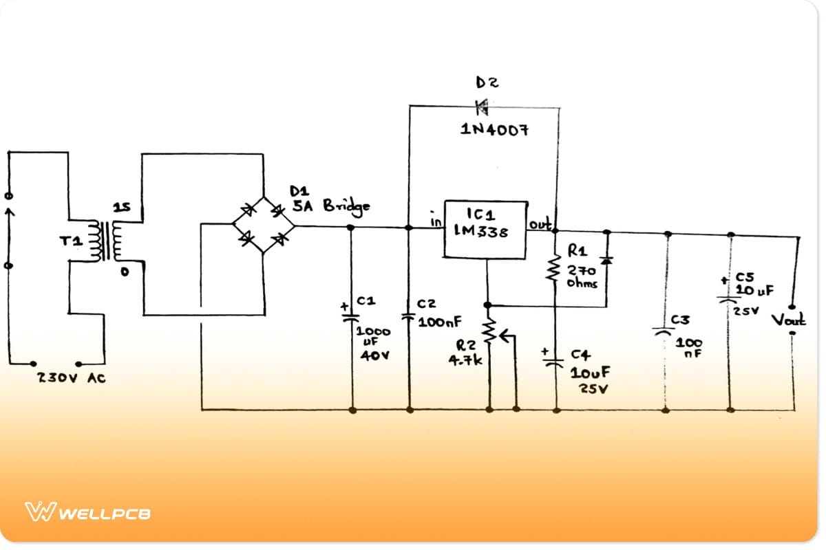 A 13V 5A adjustable voltage LM338 circuit diagram
