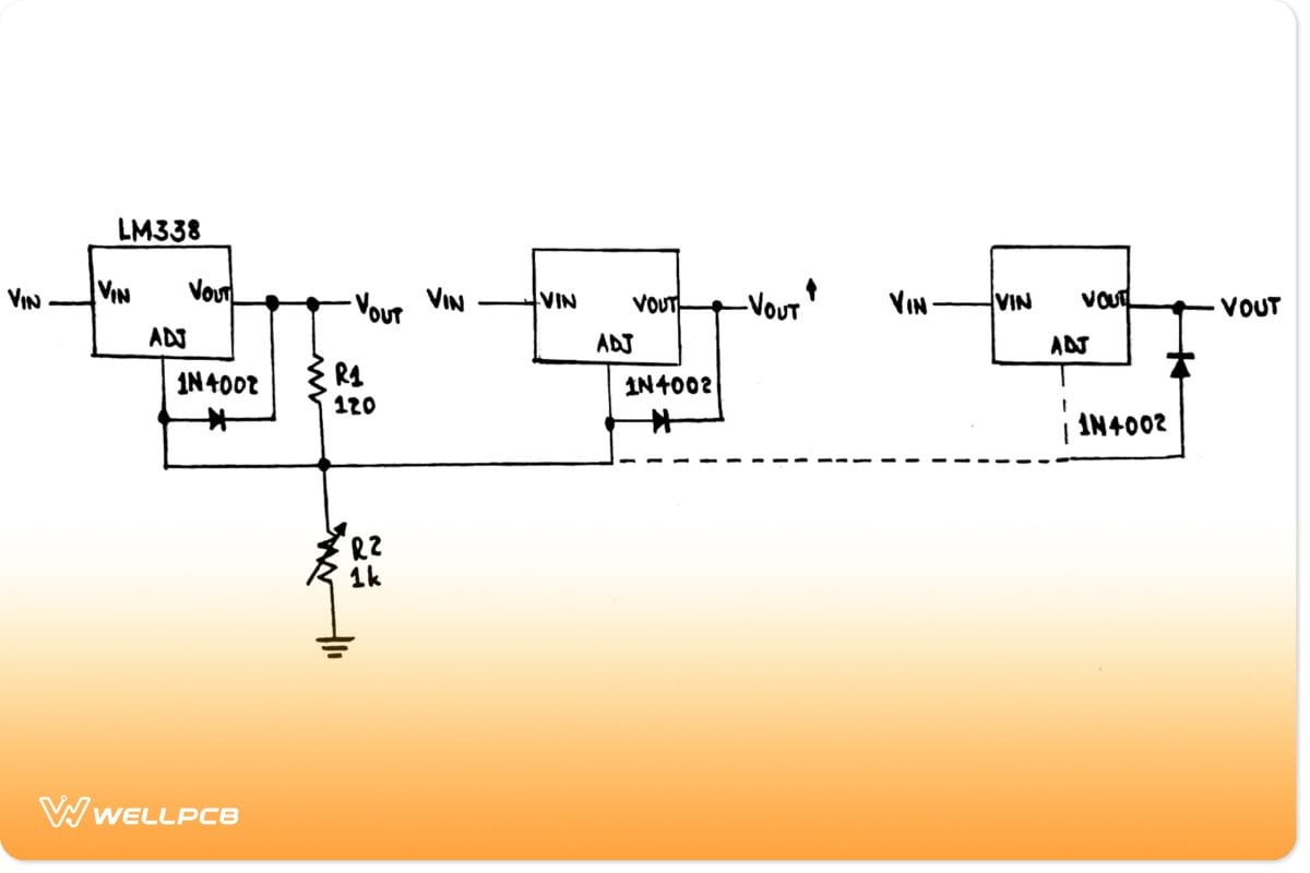 A circuit diagram of many IC LM338 modules using a single controlÂ