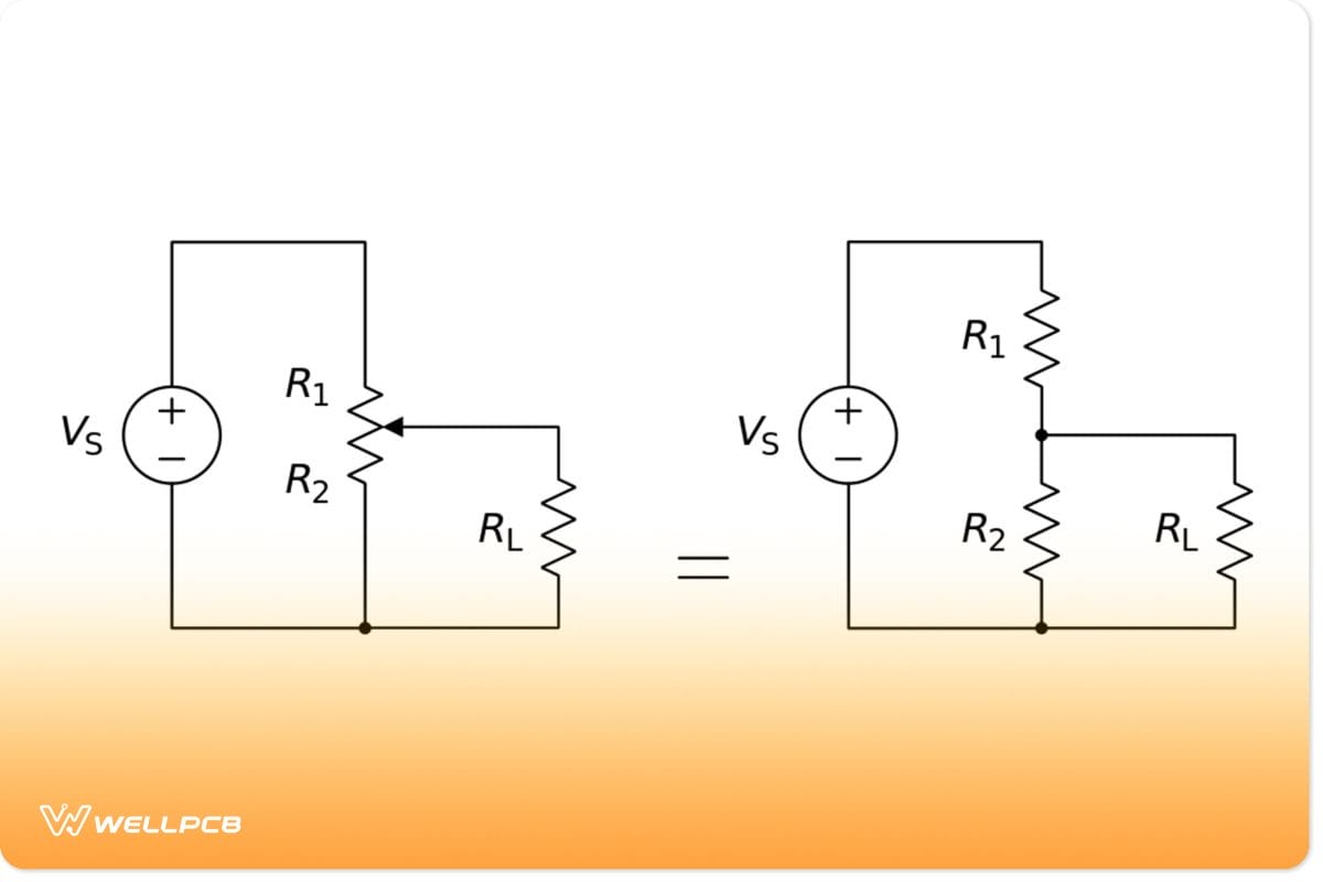 A potentiometer with resistive elements showing equivalent fixed resistors