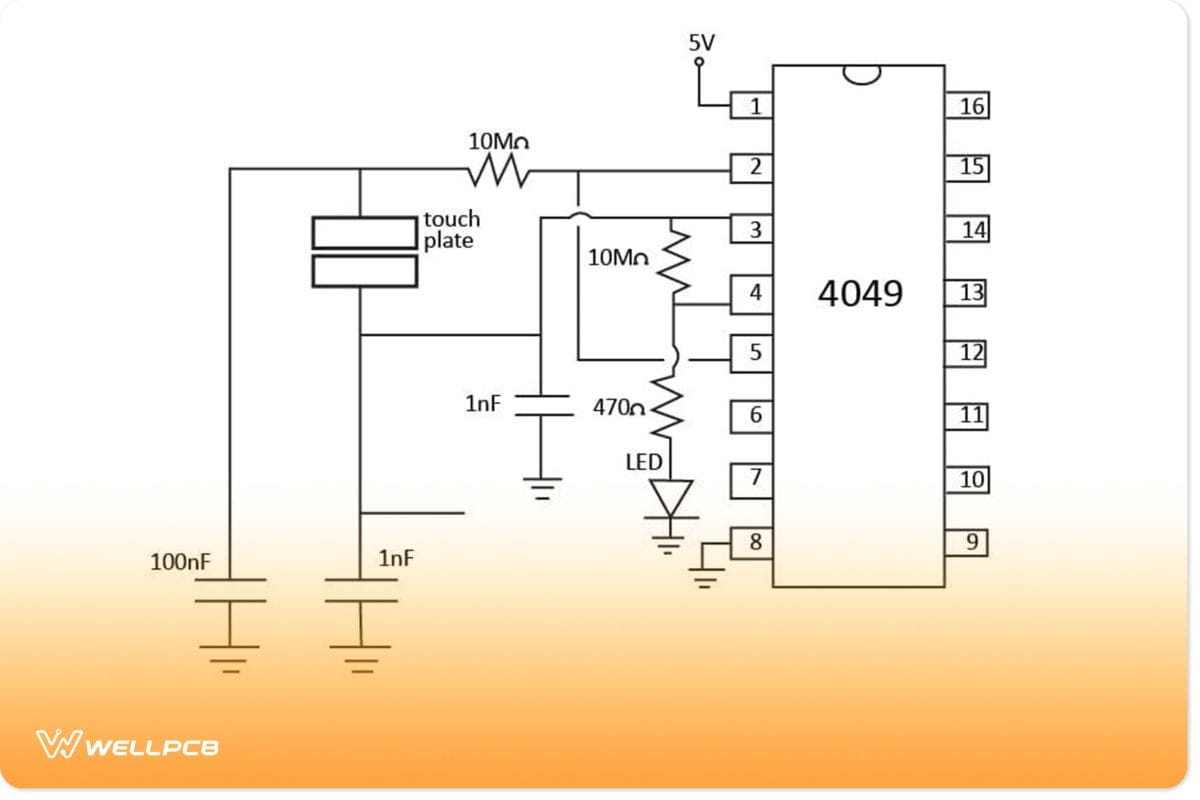 Circuit Diagram for constructing a Touch ON-OFF circuit using a CD4049 Inverter IC