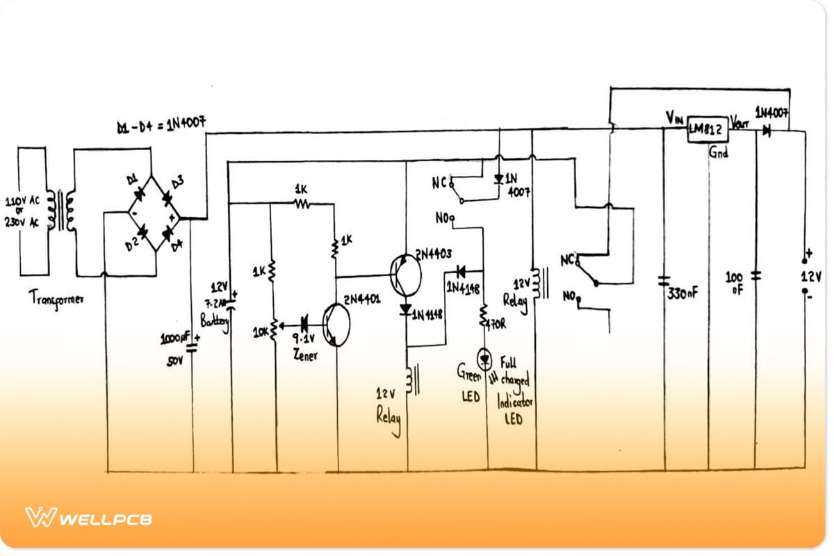 Circuit diagram of a 12V power supply with battery backup