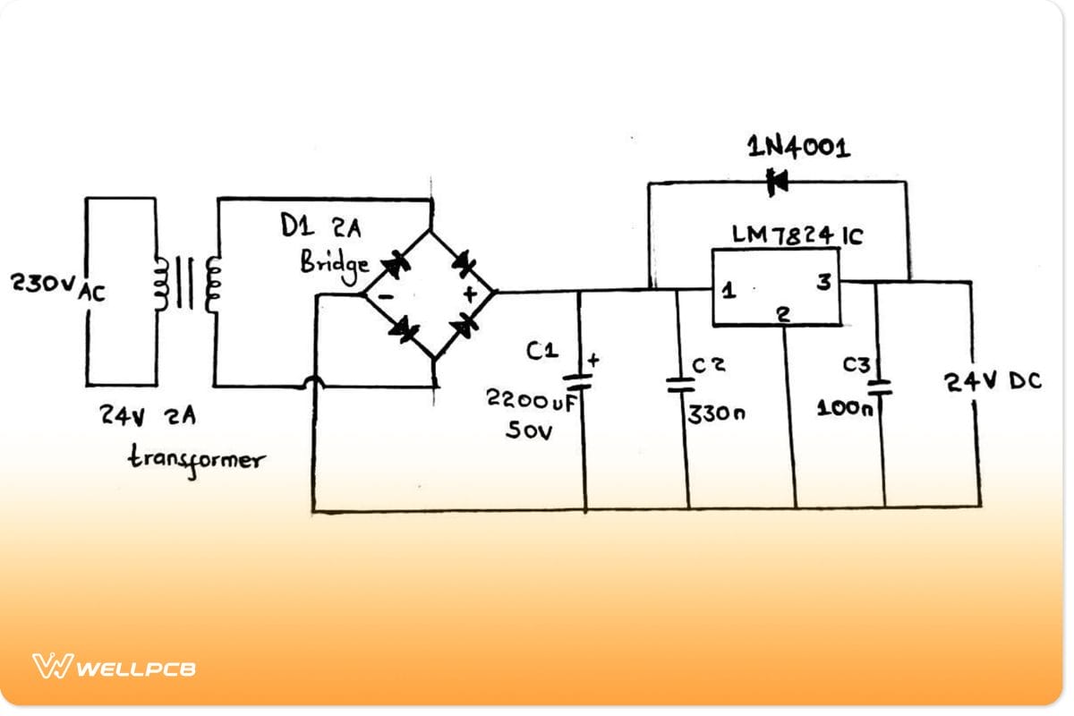 Circuit of a 24V power supply using lm7824 IC 