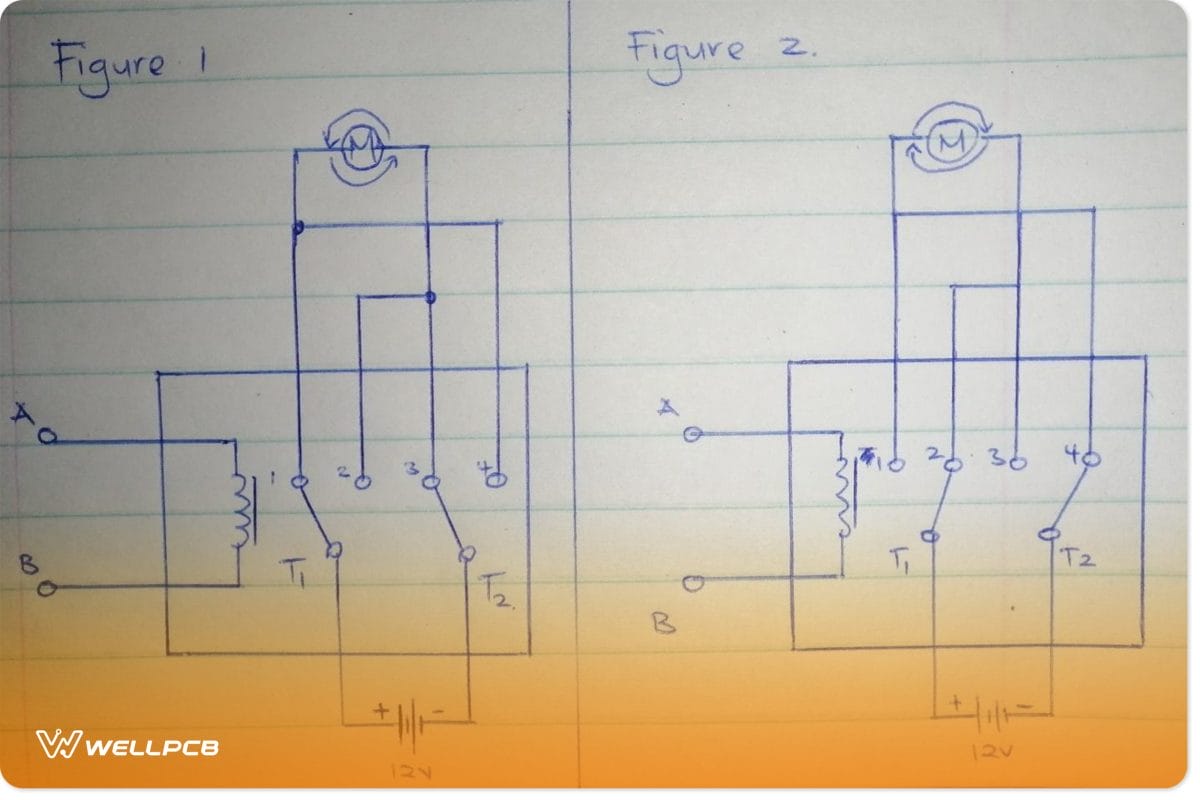 Circuits that explain the operation of a dpdt relay in a motor