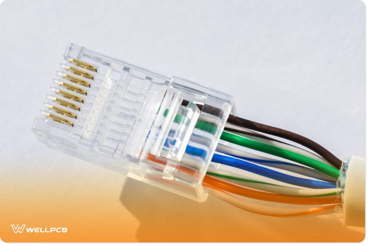 Ethernet wires being inserted into an RJ45 connector
