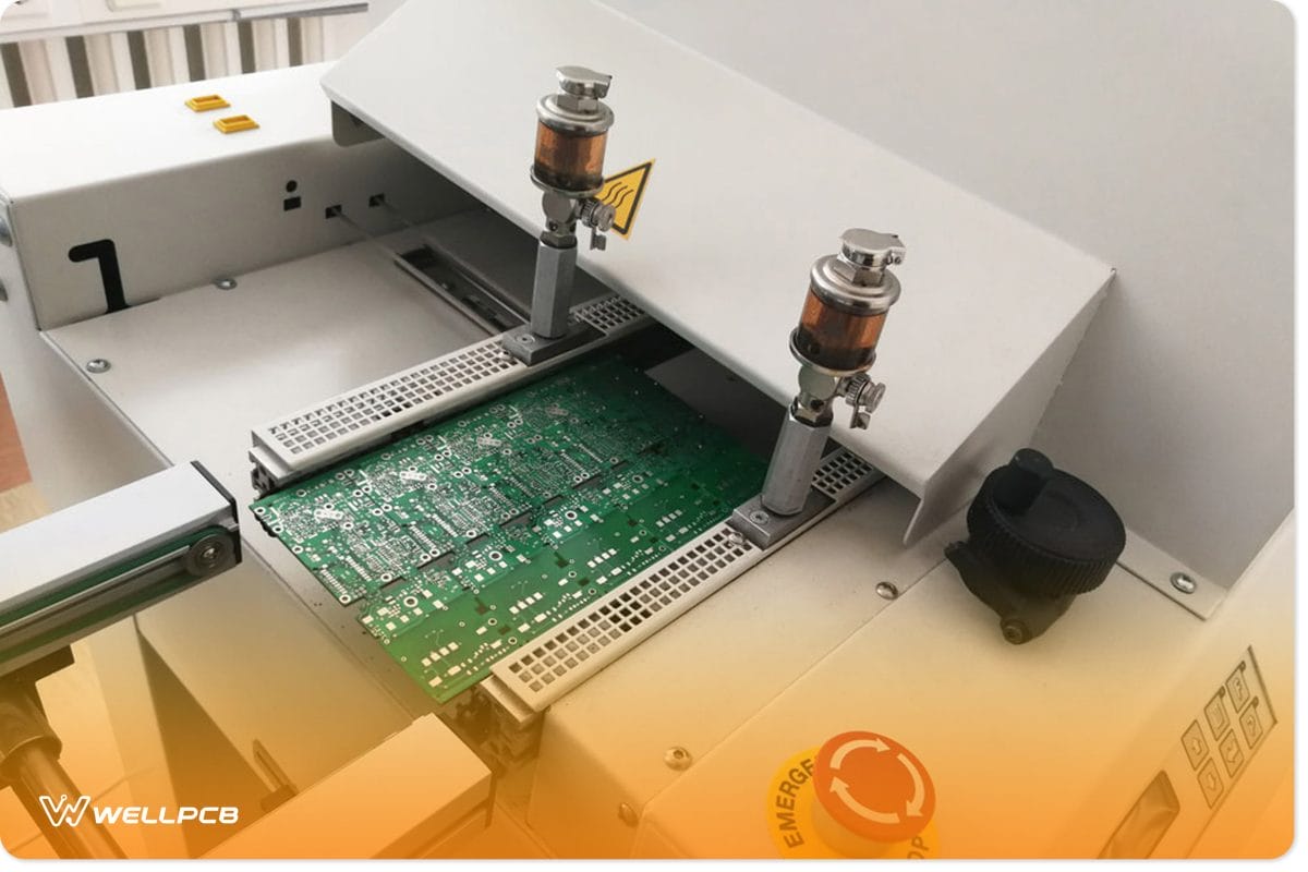 Printed circuit board after complete assembly moves to reflow oven machine